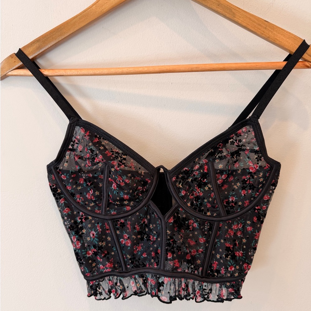 Lost Ink Floral Mesh Corset Bustier Crop Top‎ Black 34C Underwire Lace